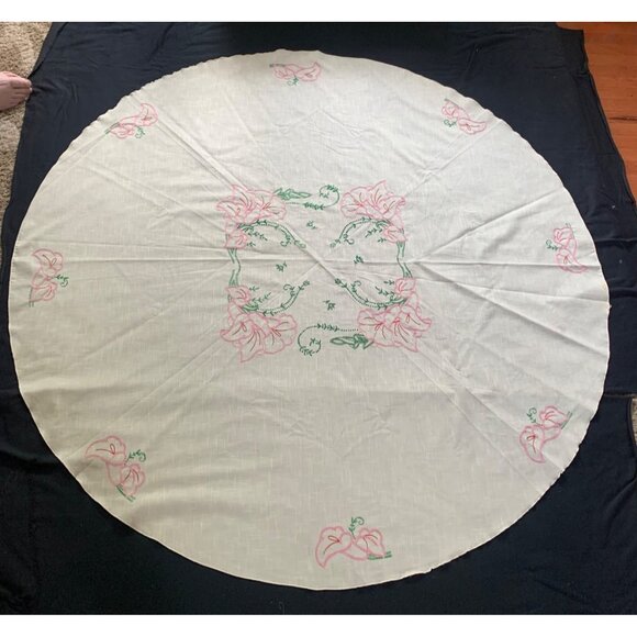 Vintage Floral Embroidered Round Tablecloth - 68" Diameter - Cotton & Linen Blen - Picture 8 of 9
